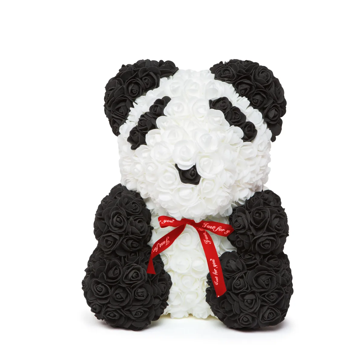 Ursulet din trandafiri 40 cm cu funda rosie, cadou romantic Valentine, aniversare, decor elegant