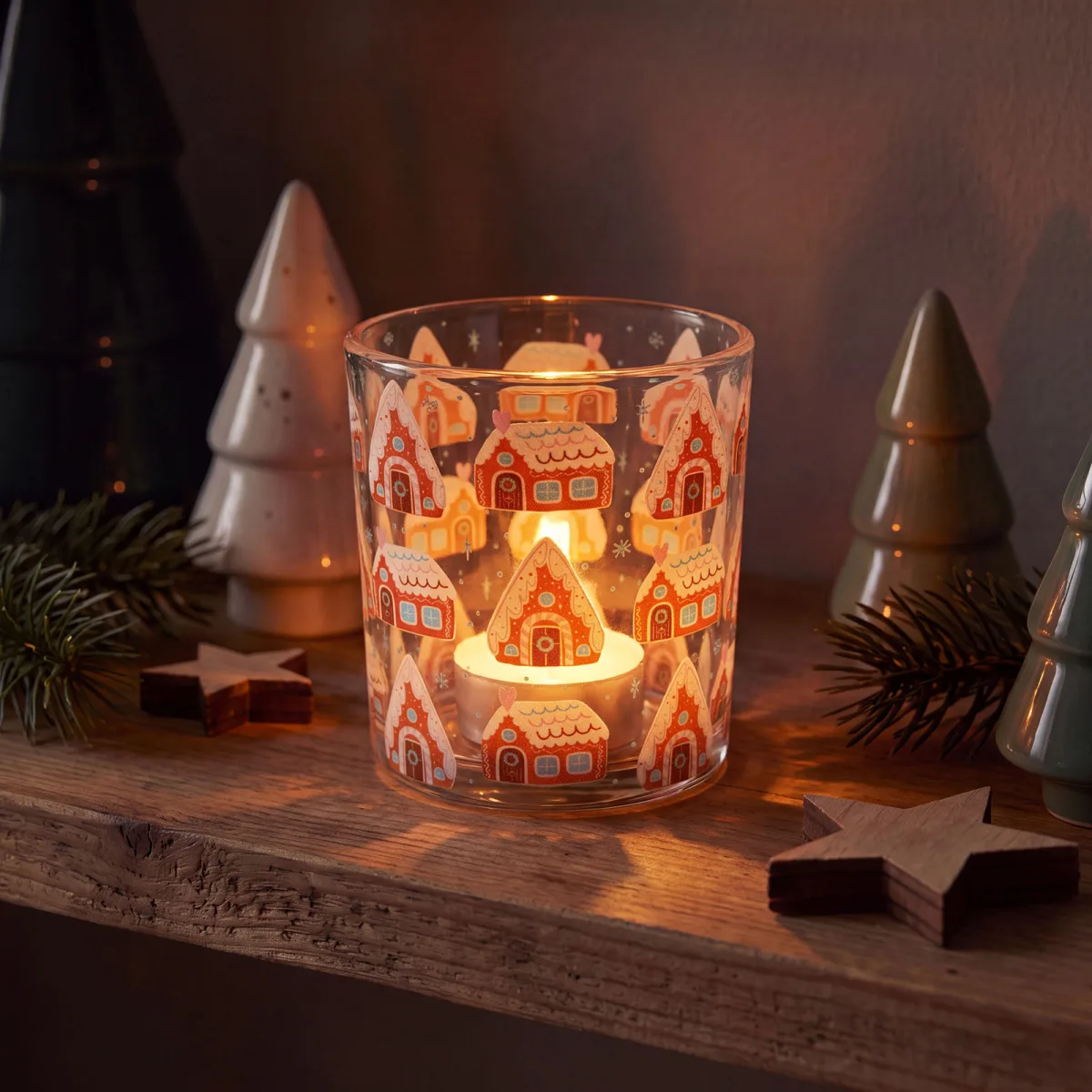 Suport lumanare de Craciun din sticla, pentru pastila tip tealight, 8 x 7 cm, 3 modele