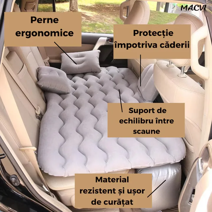 Saltea Gonflabila Auto Macvi® cu Perne si Suport de Echilibru, Ideala pentru Bancheta din Spate, Camping, Calatorii si Relaxare, Gri - imagine 2