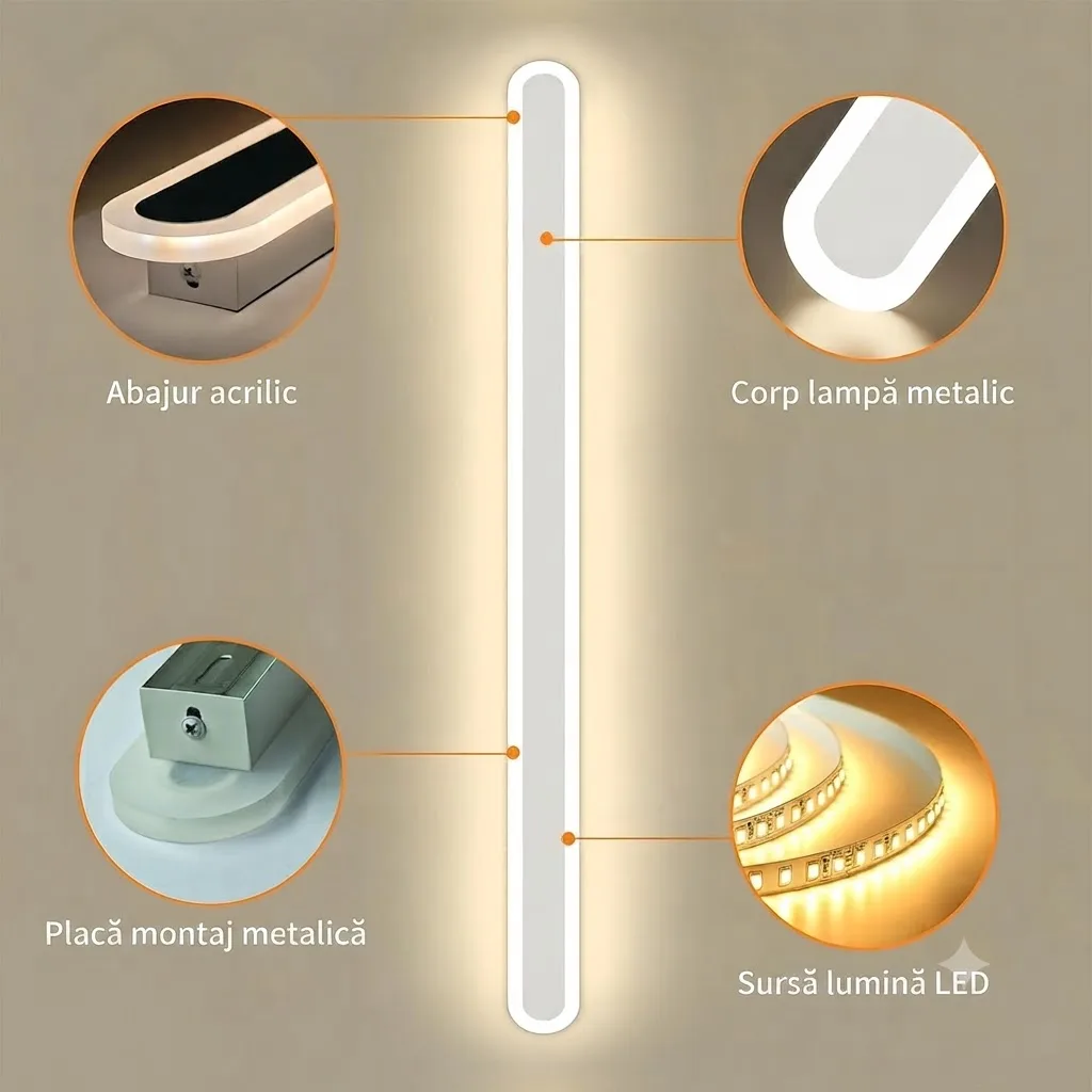 Aplica de perete LED Rovo 1356-60, 60CM, 24W, 3 setari de lumina, 3000K 4000K 6000K, Alb - imagine 3