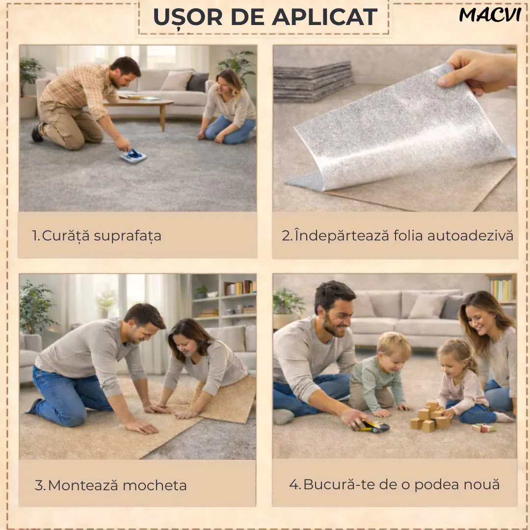 Mocheta scari Macvi® dale autoadezive 60x60 cm, 1 buc. mocheta textila, ajustabila, montaj rapid fara unelte, curatare usoara, potrivita pentru scari, camera copiilor, dressing, aplicare rapida - imagine 4