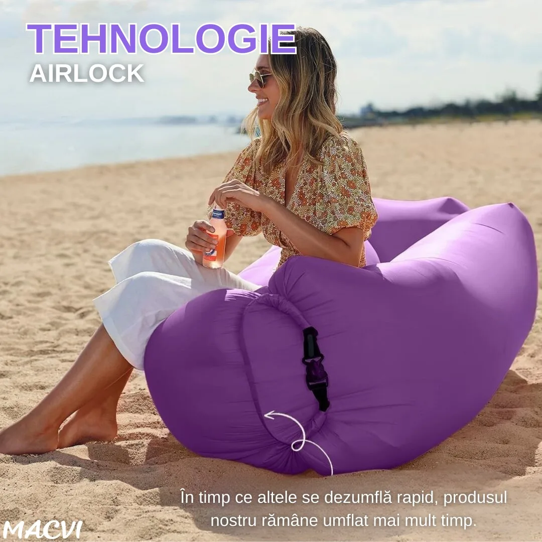 Saltea gonflabila tip sezlong Lazybag Macvi®, material rezistent, umflare fara pompa, pentru plaja/picnic/camping, rucsac de depozitare, 190 x 70 cm,,Mov - imagine 5