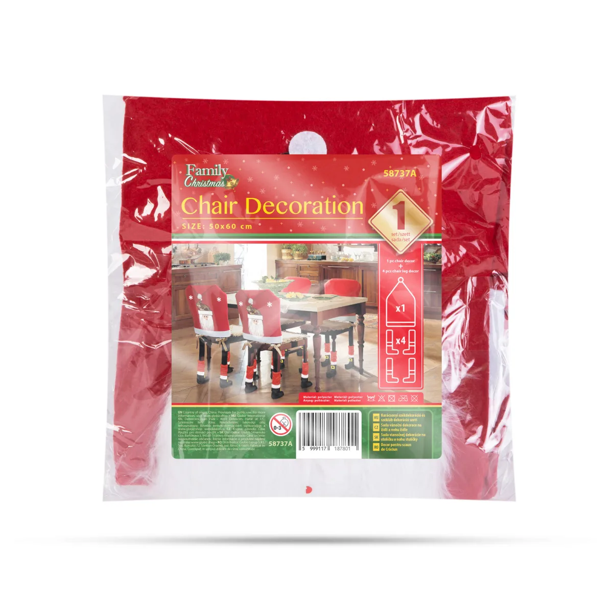 Set decor scaun Craciun, Santa, 50x60 cm, husa scaun rosu/alb cu accesorii - imagine 2