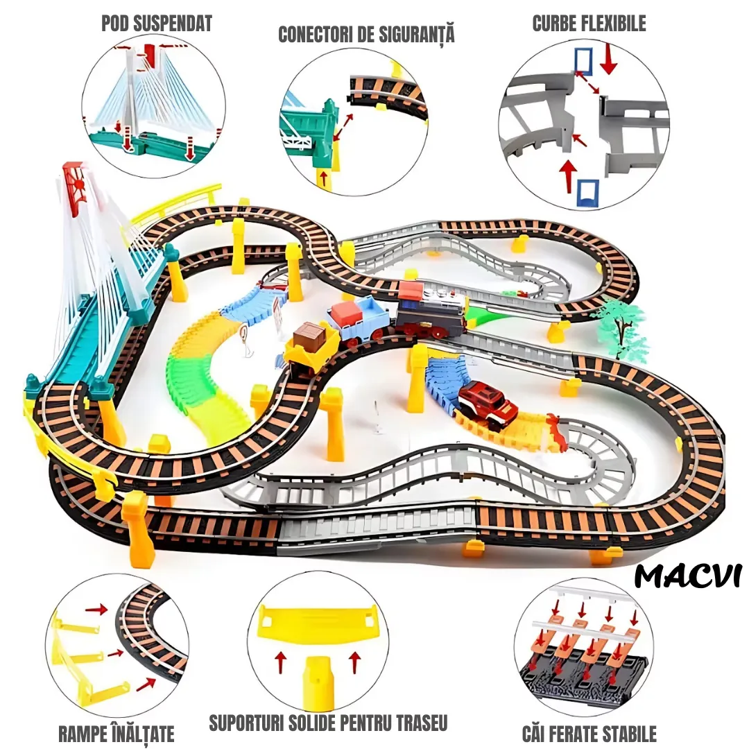 Circuit 2 in 1 XXL Macvi® 140 Piese, 86x74 cm, cu Trenulet Electric si Masinuta, Pod cu Lumini, Pista Rapid Transit de Mare Viteza, Multicolor - imagine 5