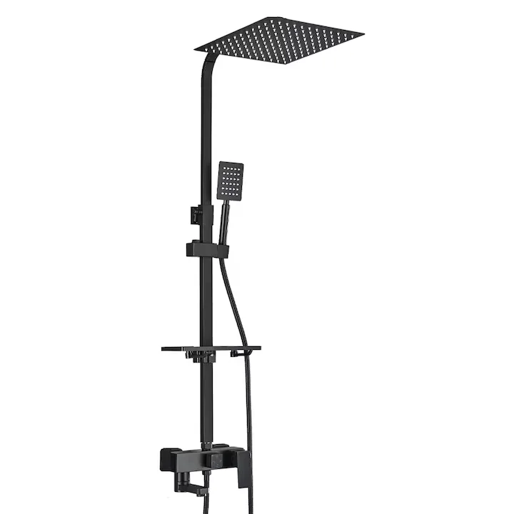 Coloana de dus Macvi®, 25x25 cm, negru mat, 3 functii apa, baterie monocomanda, montare perete, para dus mare, furtun 150 cm