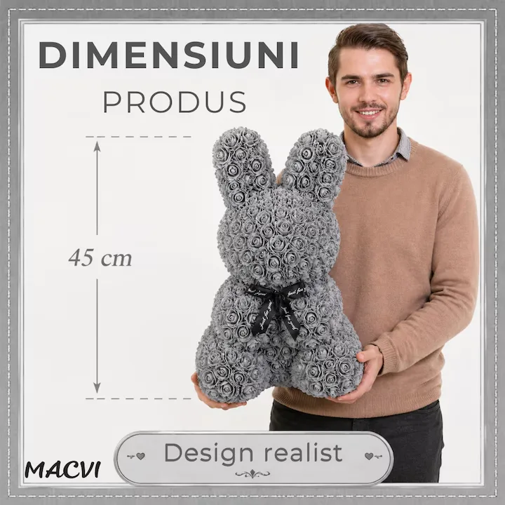 Iepuras Decorativ Macvi® din Trandafiri Spuma Gri 45 cm cu Fundita Cutie Cadou Inclusa Decor Elegant - imagine 2