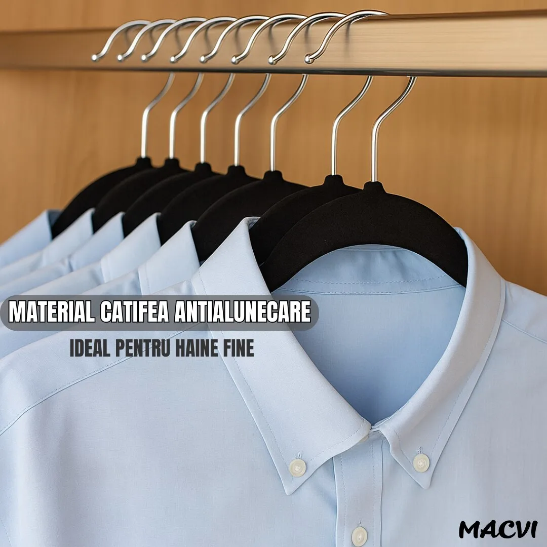 Set 16 Umerase Macvi® Catifea Antialunecare, Slim, cu Bara pentru Pantaloni si Scobituri, Carlig 360°, 44.5x23 cm, Gri/Negru - imagine 3