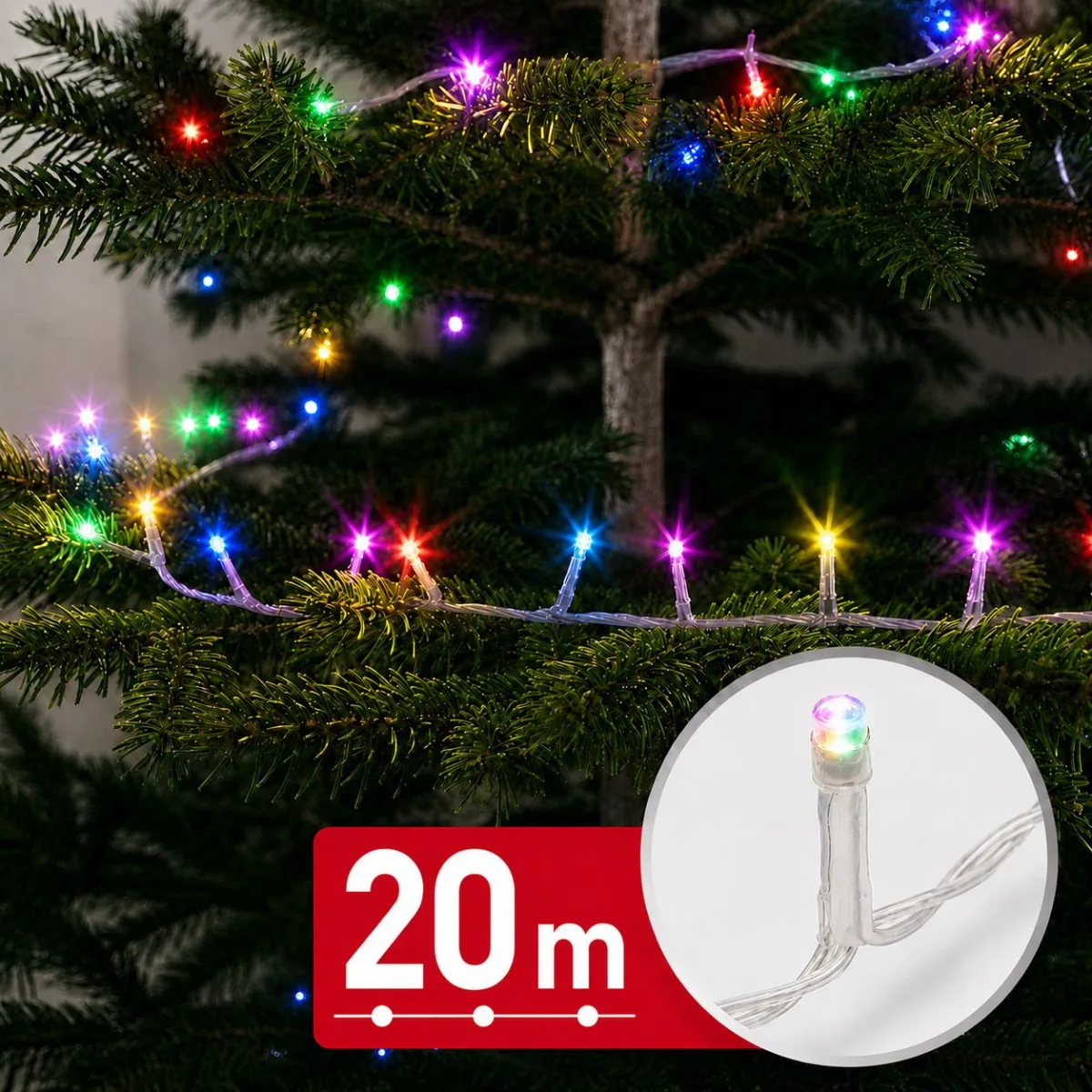 Instalatie de Craciun 20 m, 400 LED multicolor, 8 jocuri lumini, timer, IP44, cablu transparent