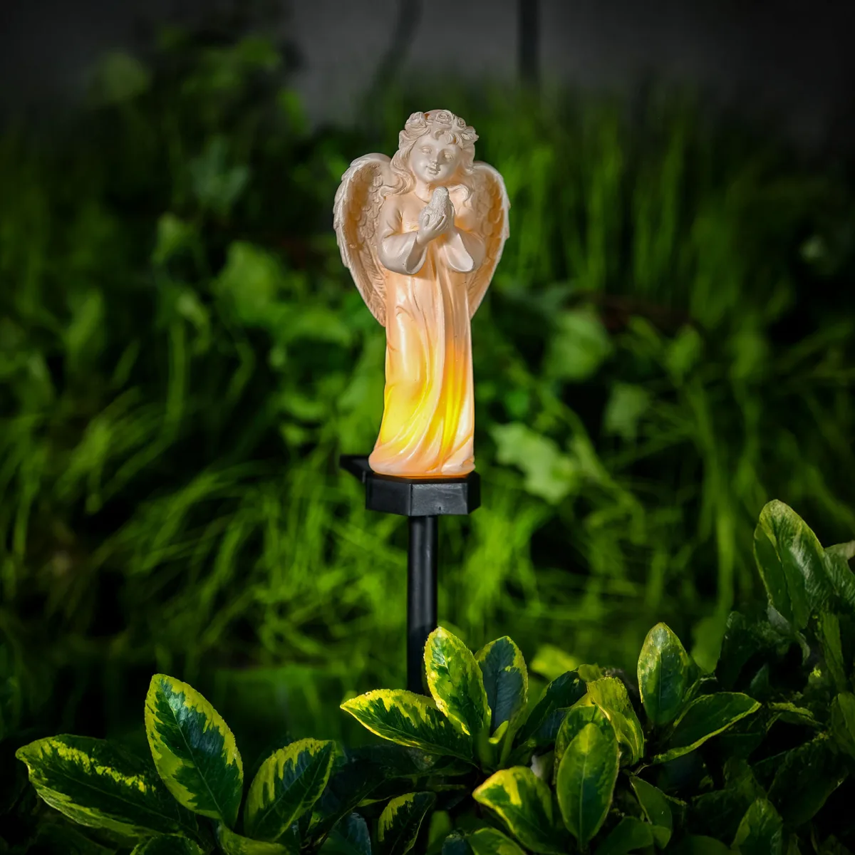 Decor solar inger cu pasare LED alb cald, 48 cm, rasina, lumina gradina exterior