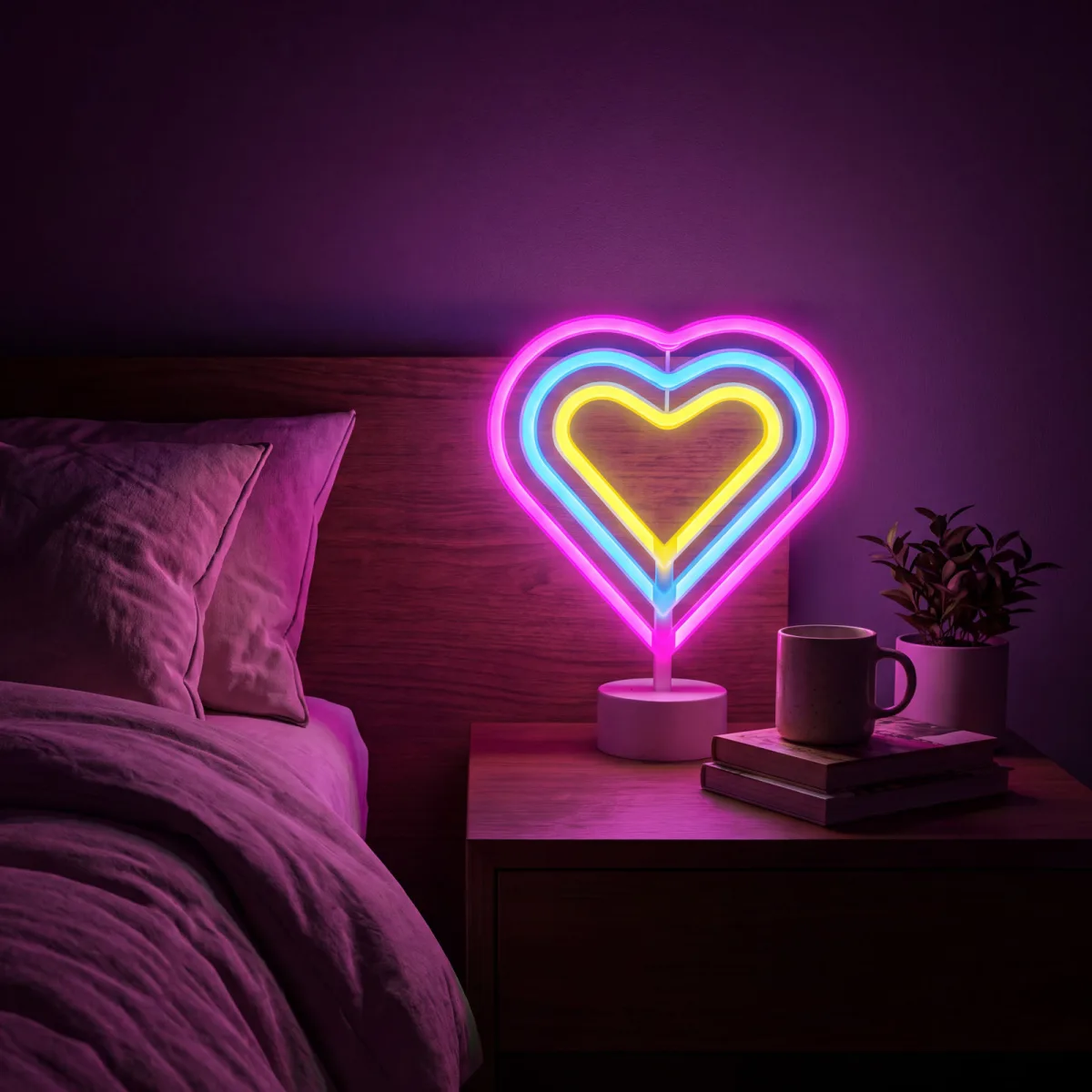 Lampa decorativa LED neon Inima, 120 LED-uri, roz, albastru si galben, USB sau 3 x AA, 2W
