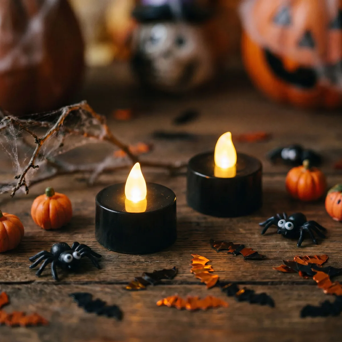 Set 2 lumanari LED tip pastila Halloween, lumina alb cald, baterii incluse, negru