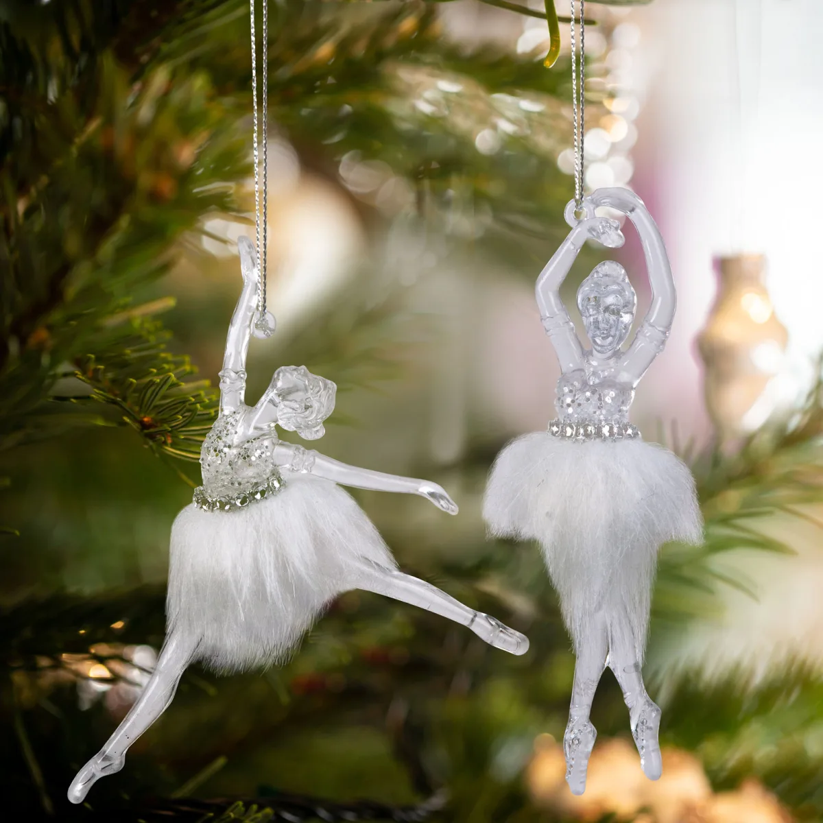 Decoratiune Craciun balerina acrilica 14 cm, efect irizat, set 2 buc