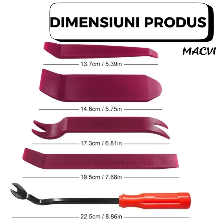 Set unelte demontare Macvi® panouri auto 6 piese, plastic si metal, pentru clipsuri, garnituri si elemente interioare - imagine 3