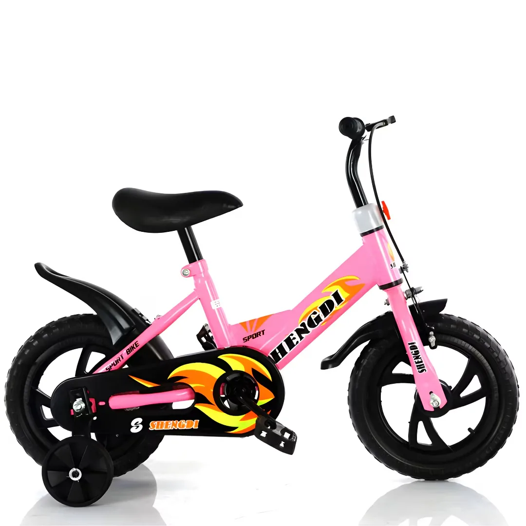 Bicicleta copii Macvi® 12 inch cu roti ajutatoare, frana V-Brake, sezut reglabil, cadru din metal, roz, 2-6 ani