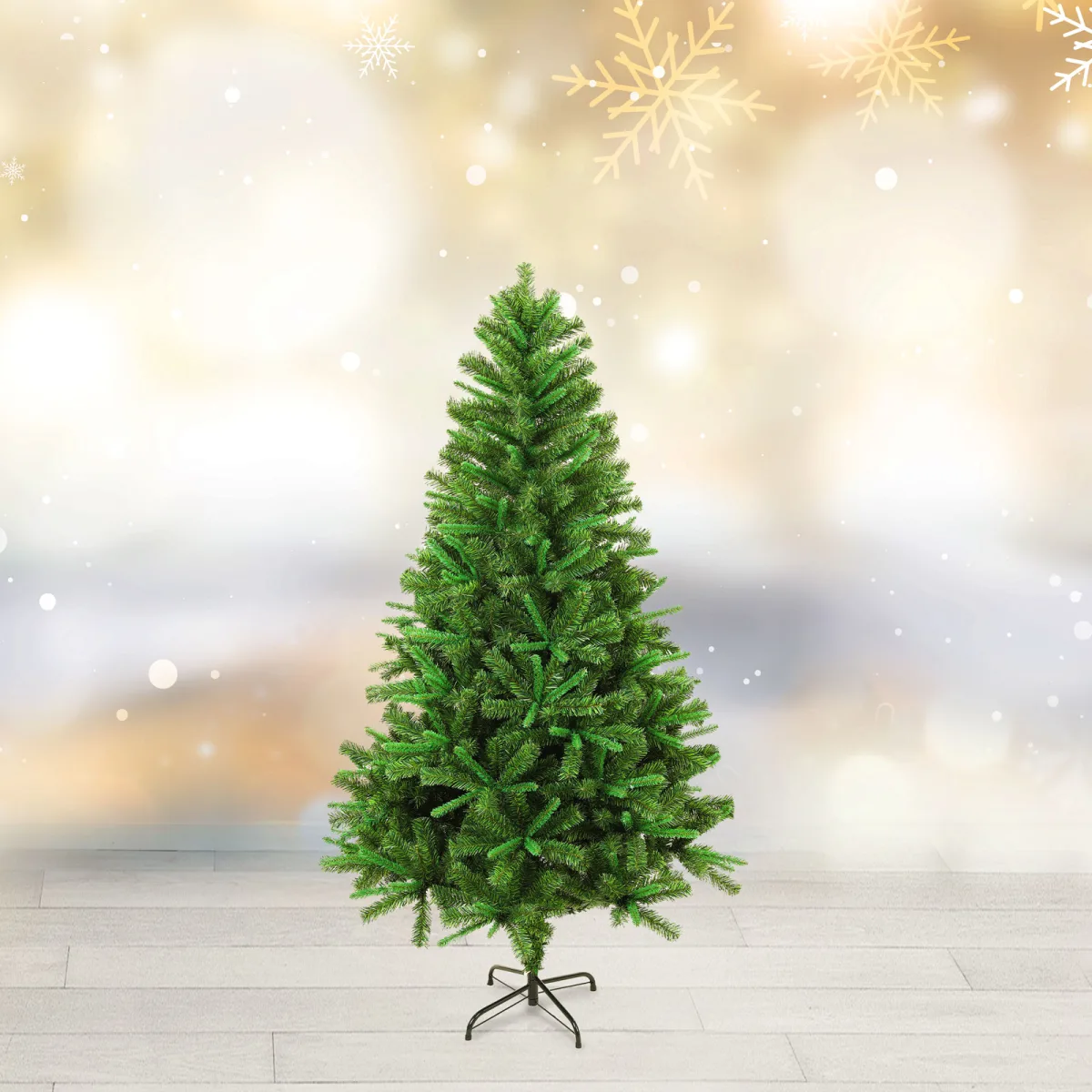 Brad artificial 150 cm, doua culori, verde inchis/deschis, PVC, suport metal, montare usoara