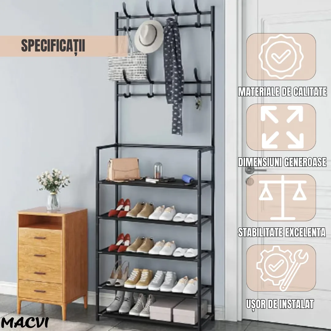 Cuier multifunctional Macvi® pentru haine si incaltaminte, 171x80x26.5 cm, material durabil, design ergonomic si modern, negru - imagine 5