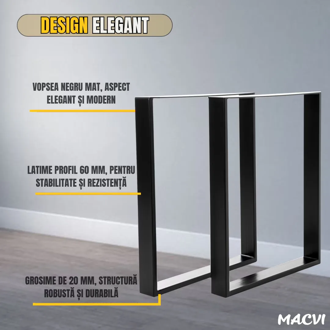 Set 2 Picioare Masa Macvi®, Profil Lat 80 mm, Metal Negru Mat, Vopsire in Camp Electrostatic, Dimensiuni 72x60x8 cm, Design Industrial Modern - imagine 2