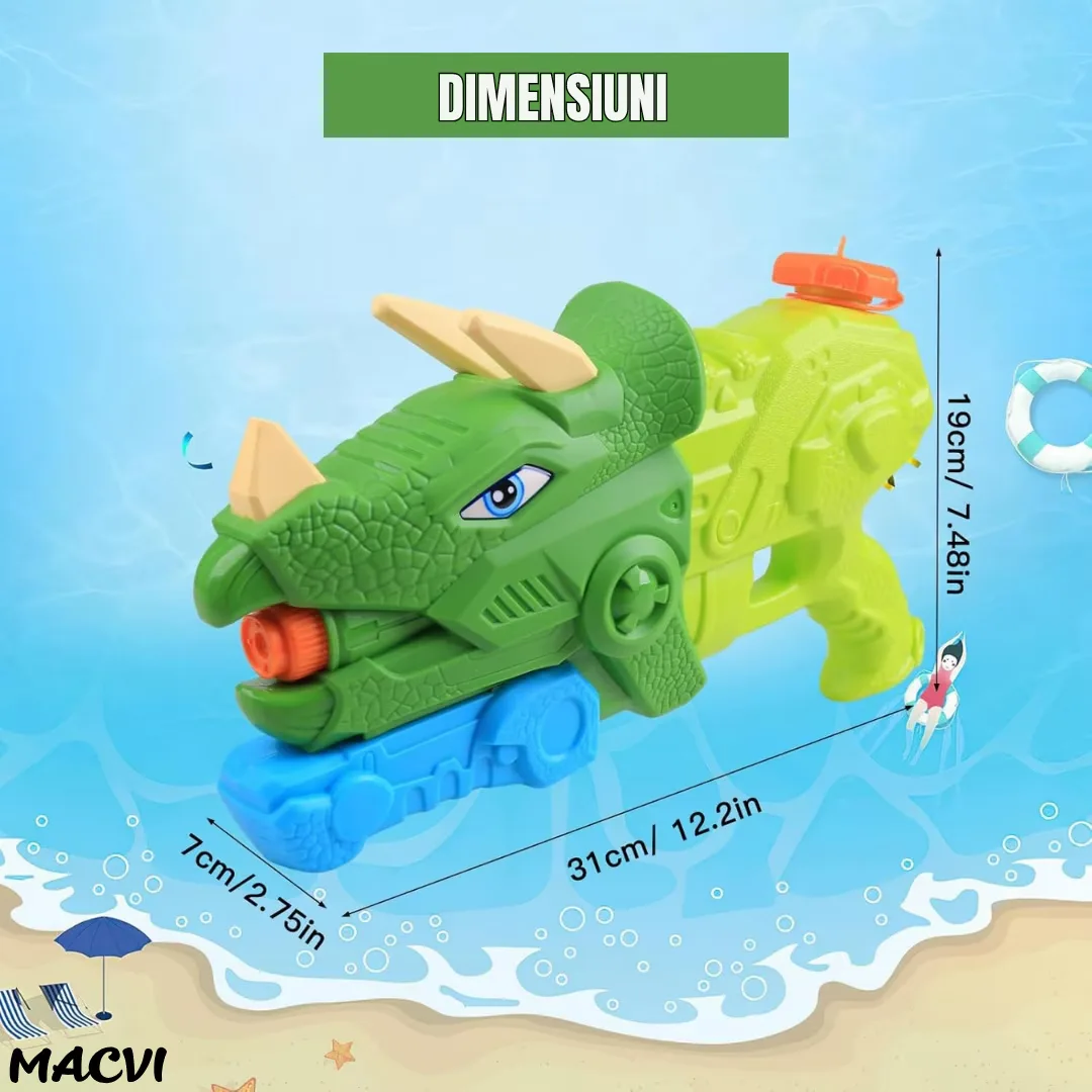 Pistol cu apa Macvi® dinozaur, rezervor 1330 ml, 35 cm, 3 duze, raza actiune 8 m, PVC rezistent, durabil, +6 ani, verde moss - imagine 4