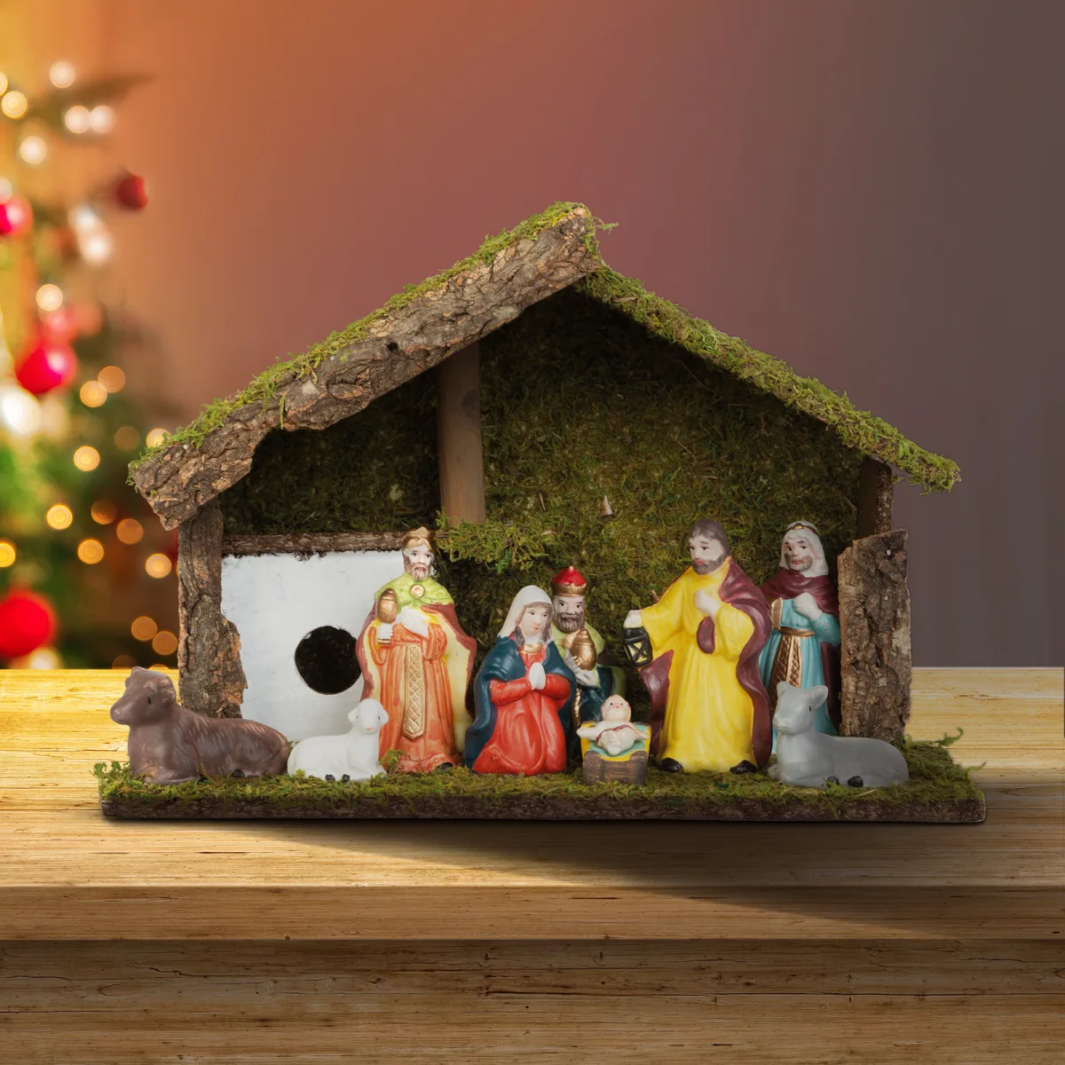 Decor masa Craciun scena Nasterii Betleem, lemn si ceramica, 30 cm