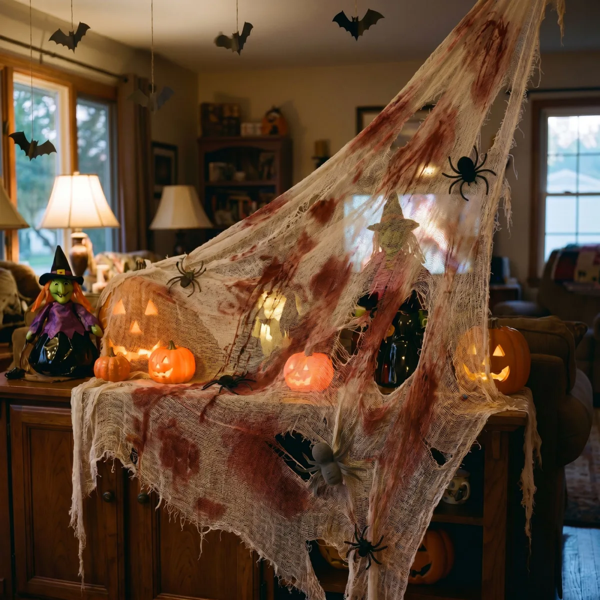 Decoratiune textila Halloween cu efect insangerat, tip plasa, 91 x 76 cm, rosu alb