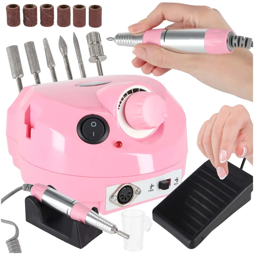Masina electrica de slefuit unghiile, 65 W, pentru manichiura si pedichiura, cu 6 capete, culoare Roz
