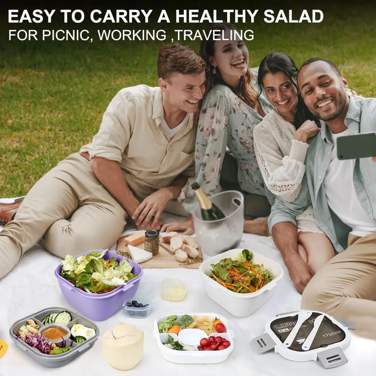 Caserola Alimentara Macvi® 1.7L cu 4 Compartimente si Recipient Sos Lunch Box BPA Free, Alb - imagine 3