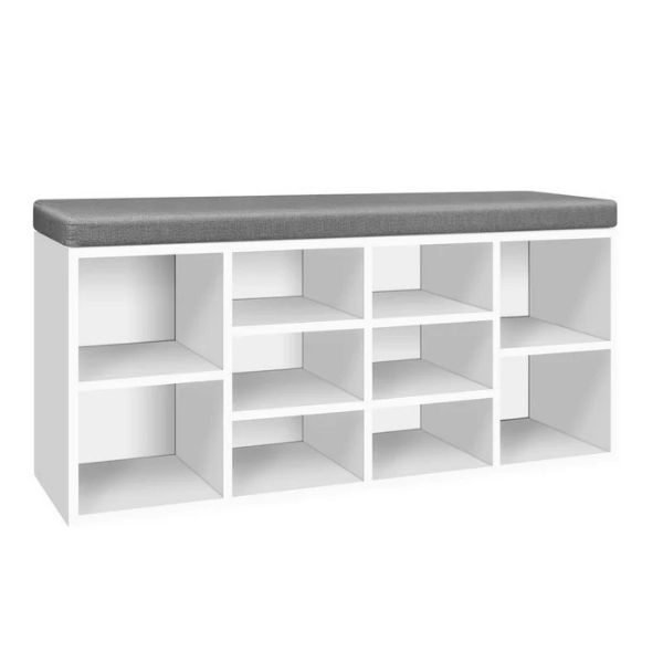 Banca cu Perna Sofa Moale si 10 Compartimente pentru Depozitare, din Lemn PAL, 104 x 30 x 48 cm, Alb cu Gri