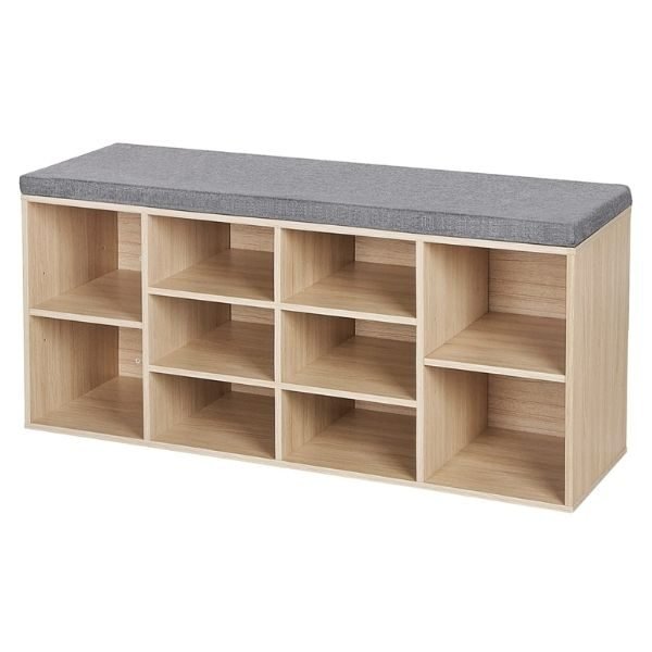 Banca cu Perna Sofa Moale si 10 Compartimente pentru Depozitare, din Lemn PAL, 104 x 30 x 48 cm, Stejar