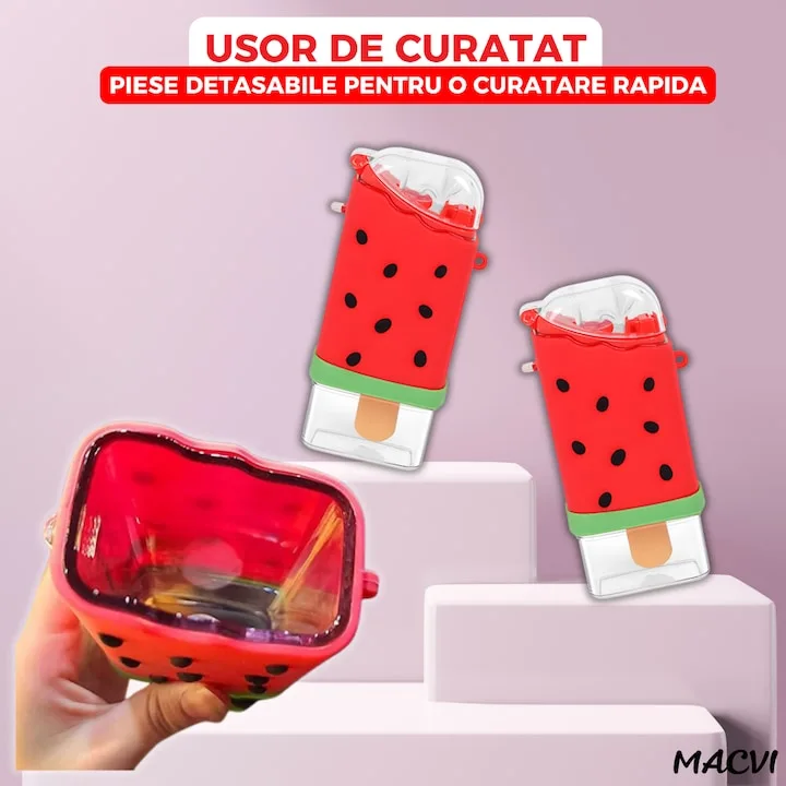 Sticla de Apa pentru Copii Macvi® Forma Inghetata Pepene, 300 ml, Fara BPA, Anti-Scurgere, Capac Etans, Pai Incorporat, Usor de Curatat, Rosu - imagine 4