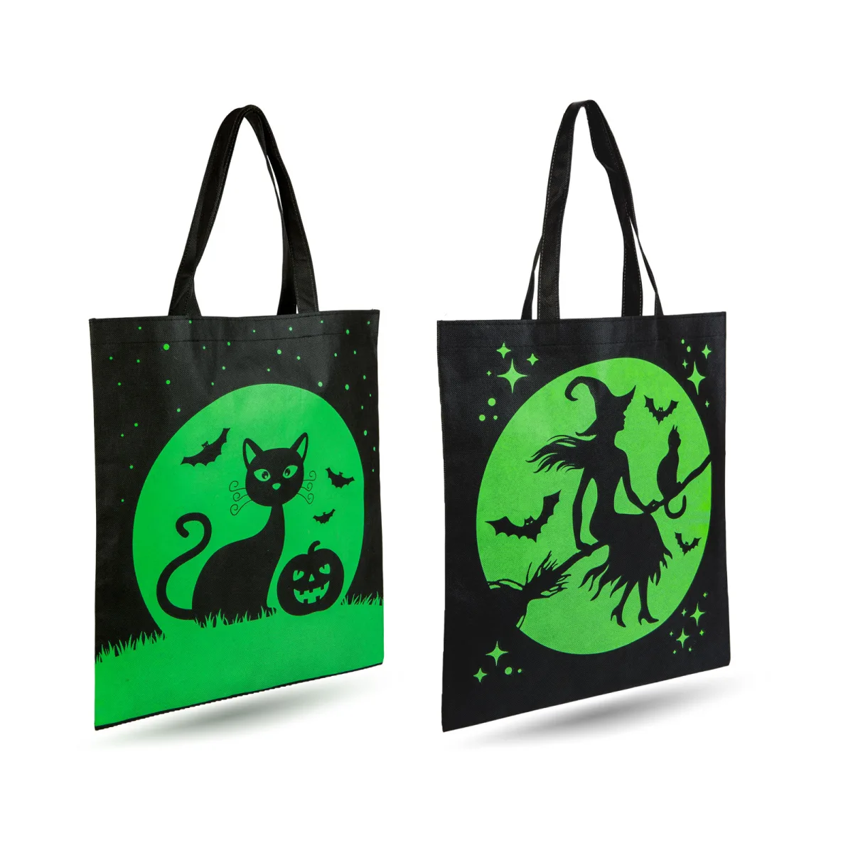 Geanta Halloween pentru dulciuri, 37.5 x 42.5 cm, model pisica sau vrajitoare, negru verde
