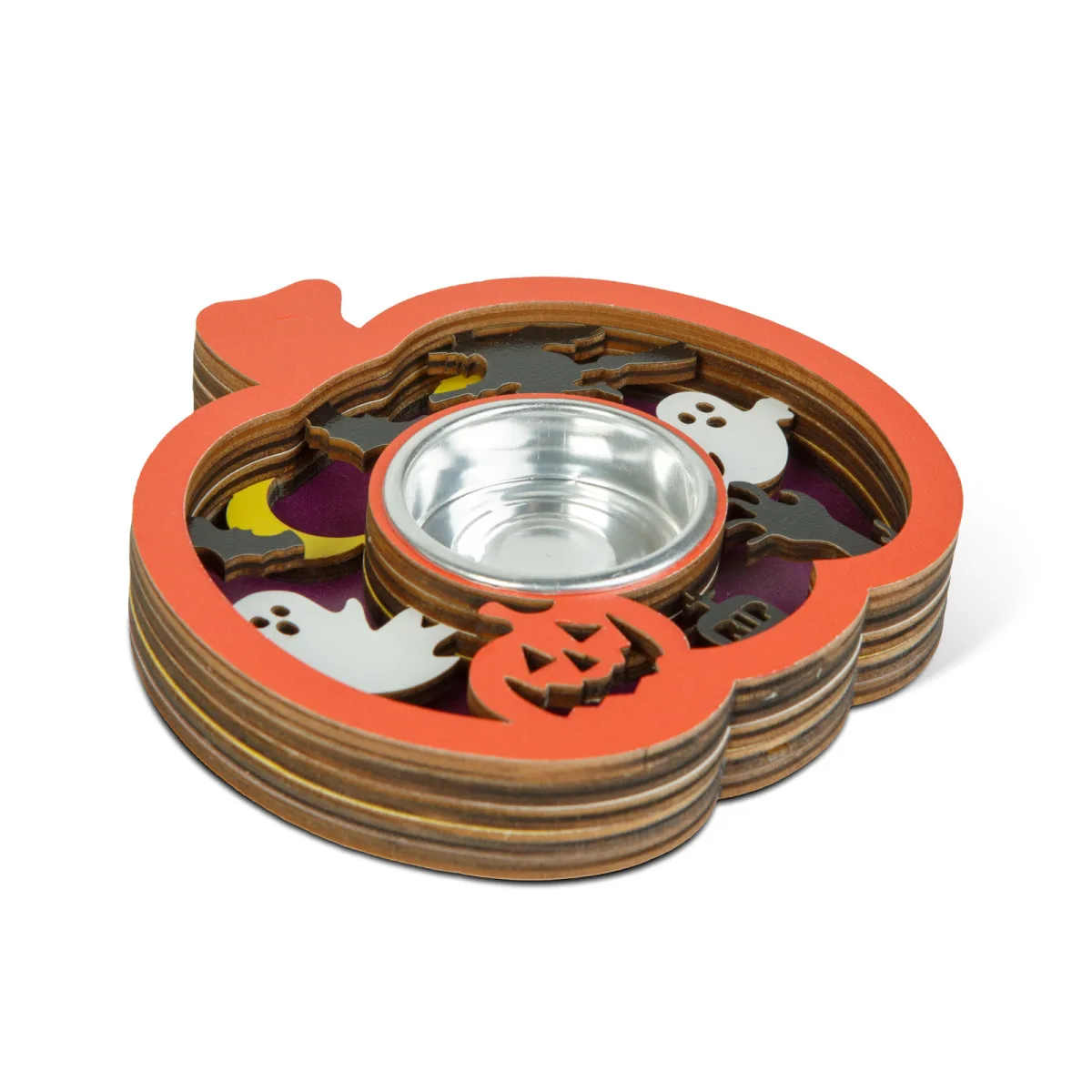 Suport lumanare Halloween, forma dovleac, MDF si metal, 11 x 11 x 1,8 cm, portocaliu - imagine 3