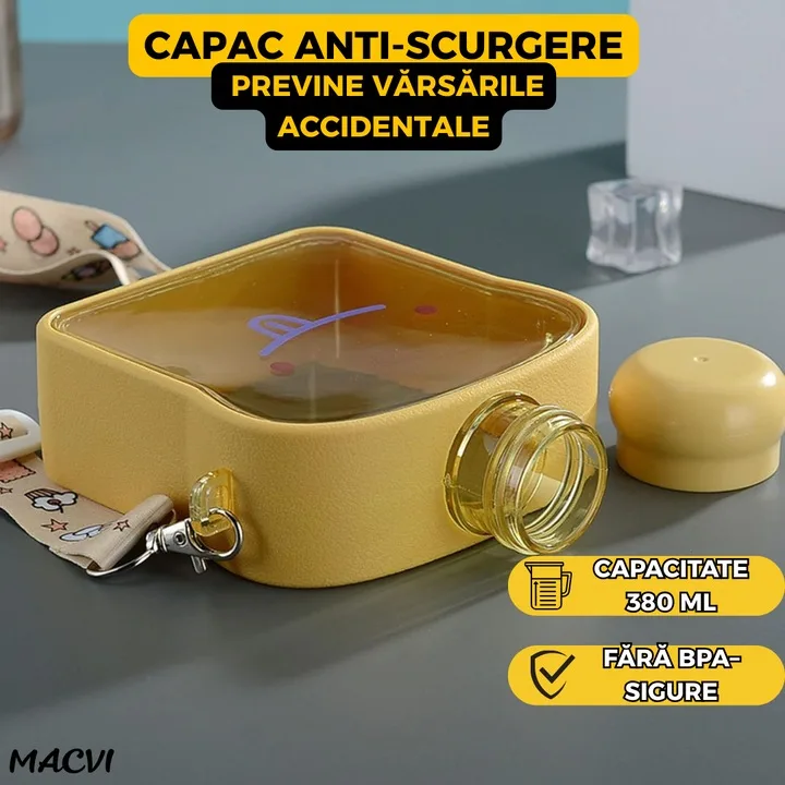Sticla de Apa pentru Copii Macvi® Forma Toast, 380 ml, Fara BPA, Anti-Scurgere, Capac Etans, Curea Reglabila de Transport, Usor de Curatat, Galben - imagine 2