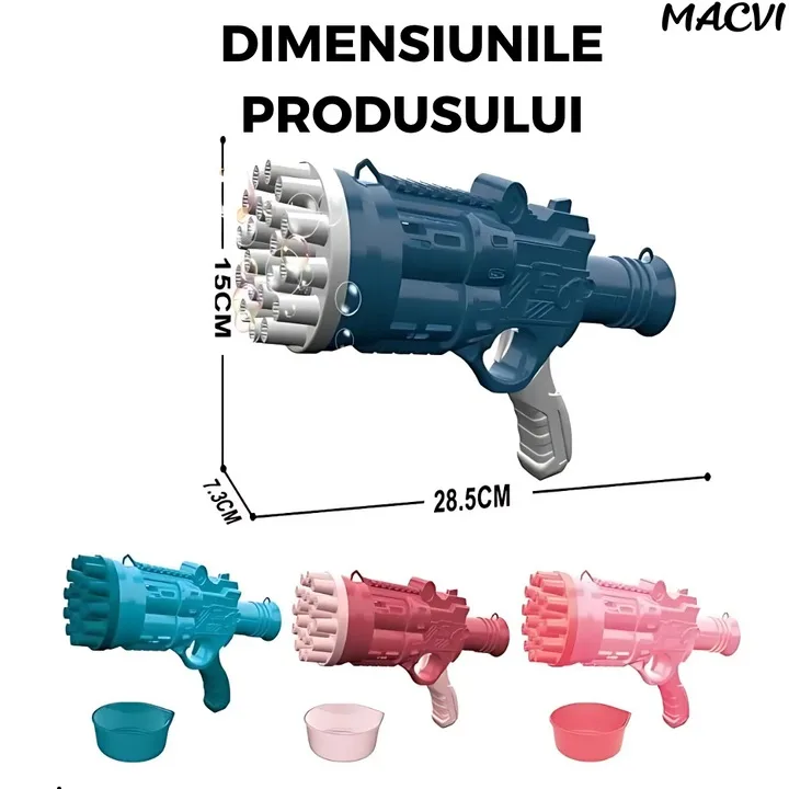 Pistol Bule Macvi® 24 Gauri, Structura Rezistenta din ABS, Tambur Rotativ, Efect Turbo, Jucarie Interactiva pentru Copii si Distractie in Aer Liber, Albastru deschis - imagine 4