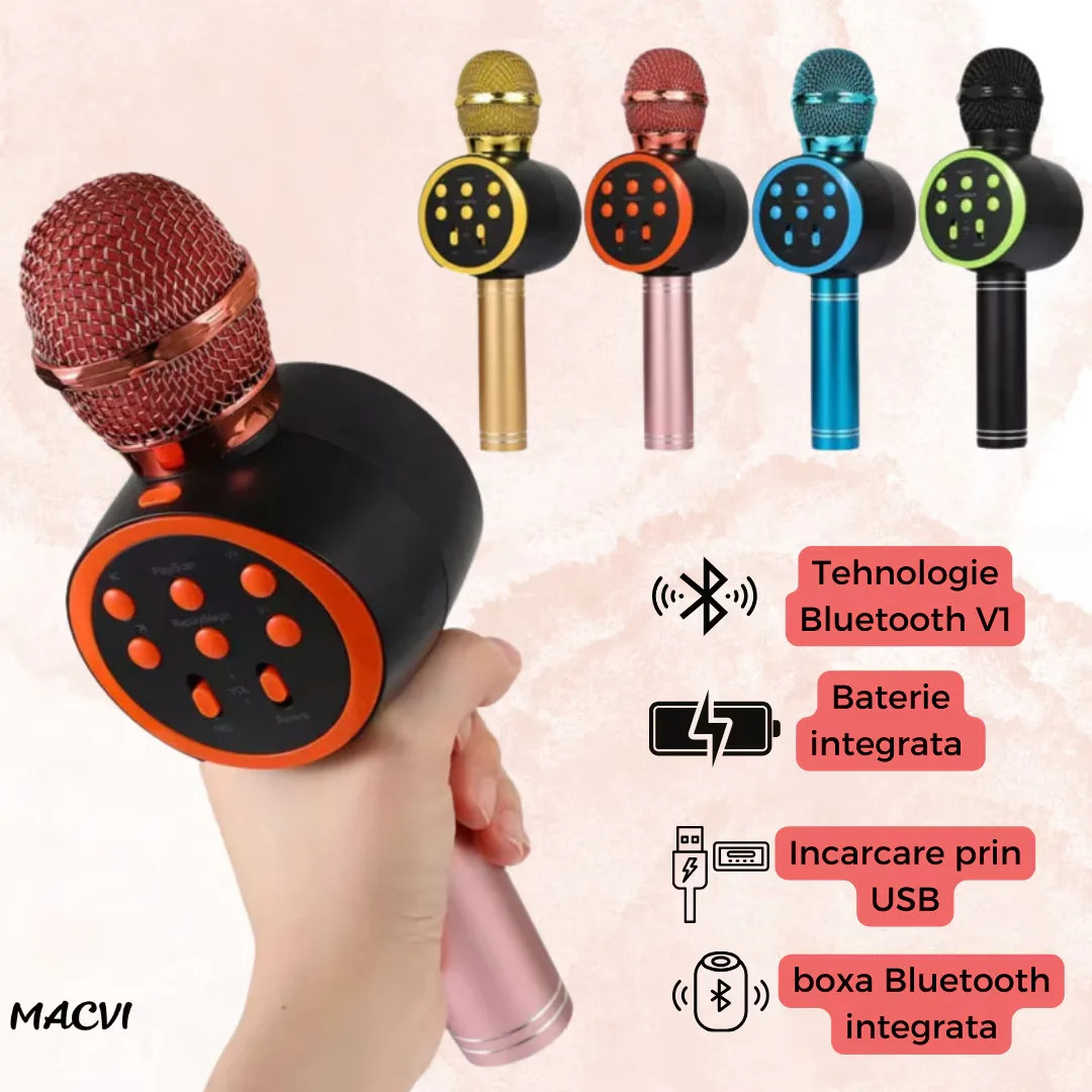 Microfon Karaoke Wireless Macvi® cu Boxa si Bluetooth V11, Portabil, Difuzor Profesional, Baterie Integrata, Roz Gold - imagine 4