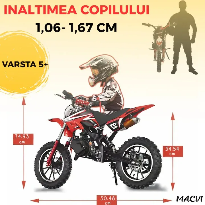 Motocicleta cross Macvi® pentru copii 49cc cu roti groase pornire usoara si motor pe benzina ideala pentru off road, Rosu - imagine 2