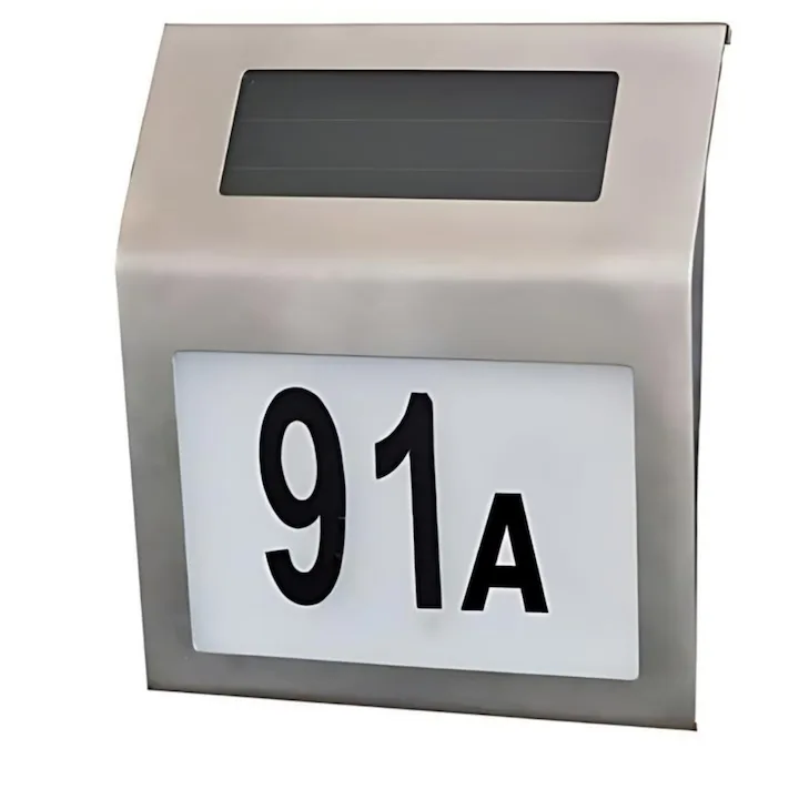 Placa Numar Casa Macvi® cu Iluminare Solara LED Montaj Exterior, Detectie Automata Noapte-Zi, Rezistenta la Intemperii, din Inox