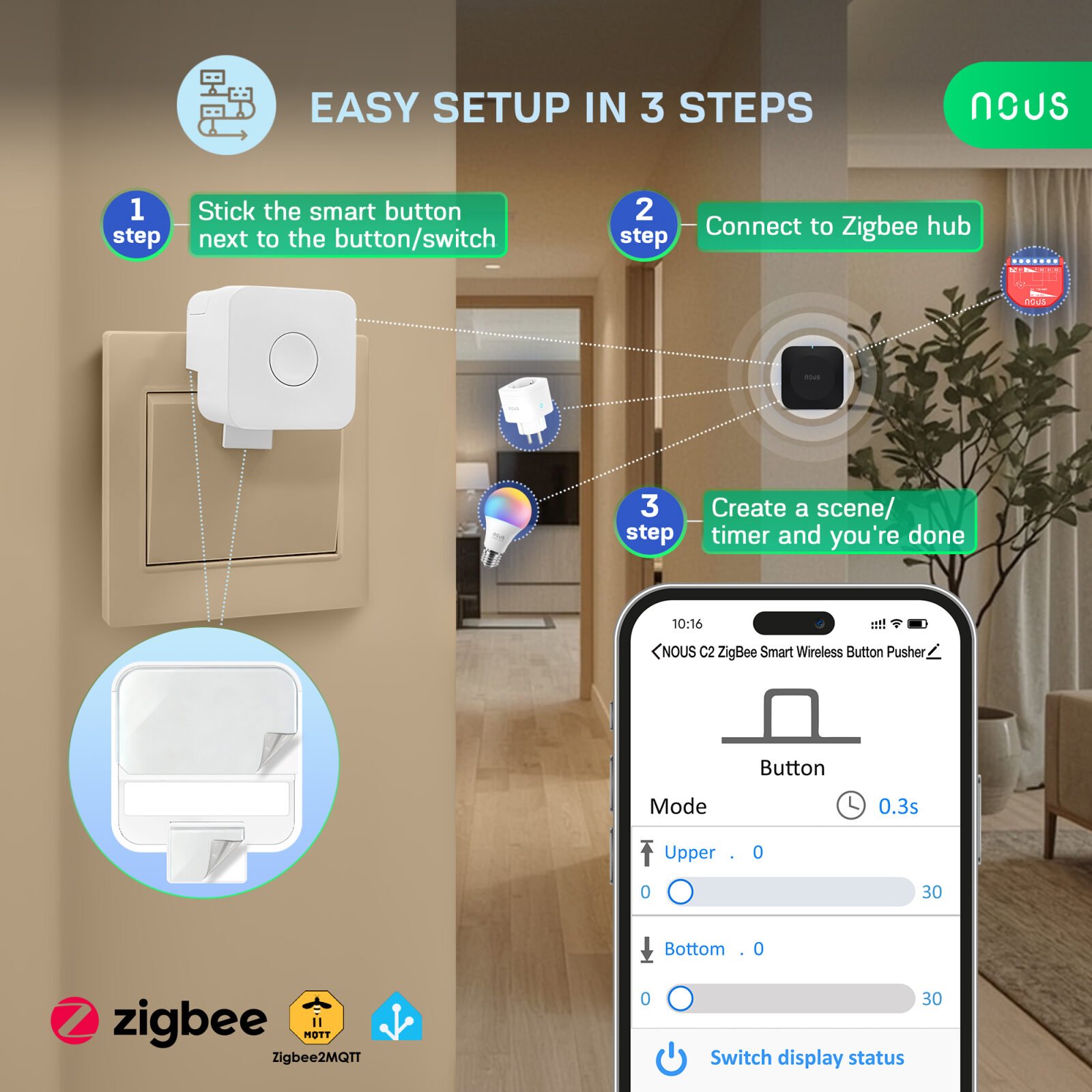 Buton Smart Wireless NOUS C2 Zigbee, dispozitiv automat de apasare butoane, control aplicatie, compatibil Alexa Google Assistant - imagine 5
