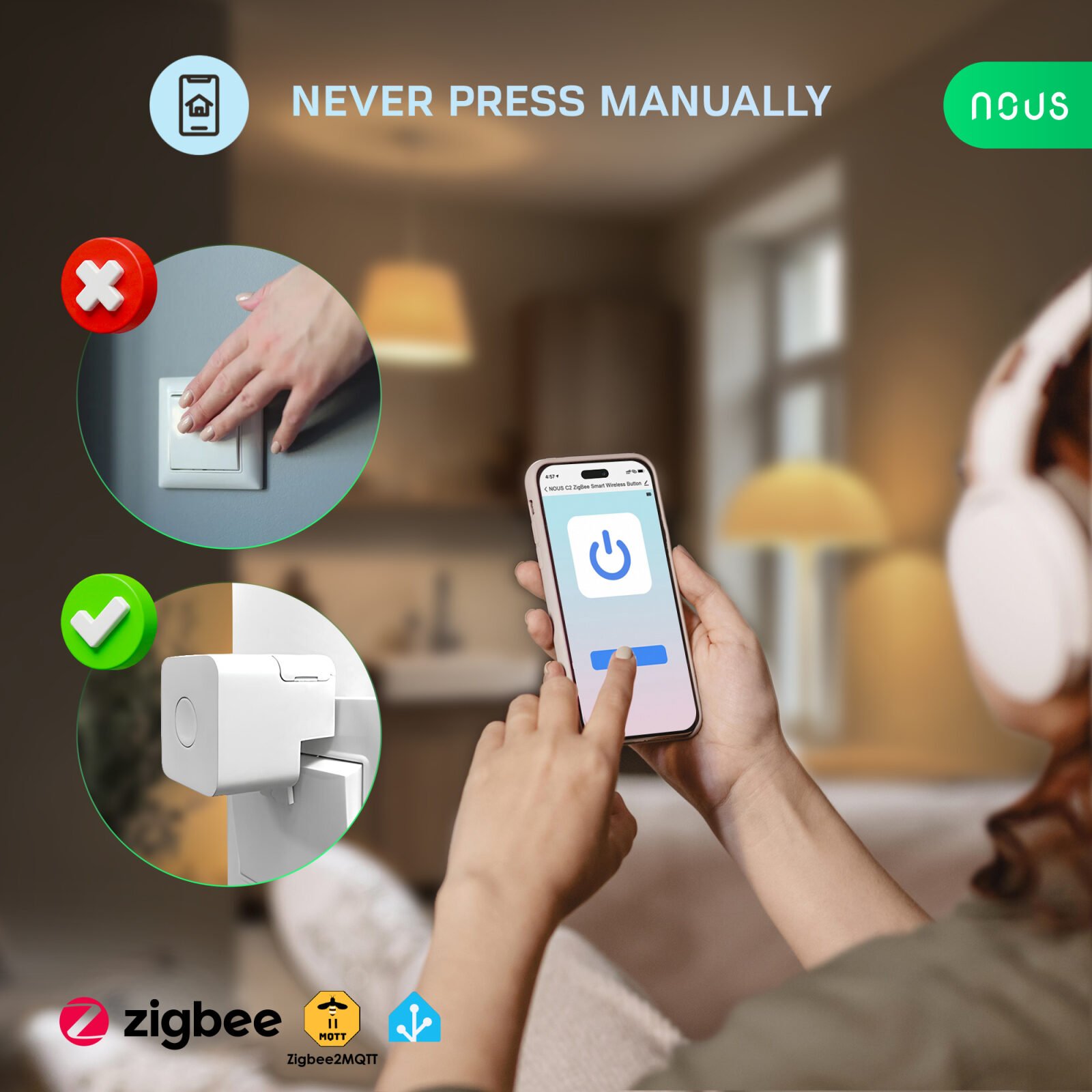 Buton Smart Wireless NOUS C2 Zigbee, dispozitiv automat de apasare butoane, control aplicatie, compatibil Alexa Google Assistant - imagine 3