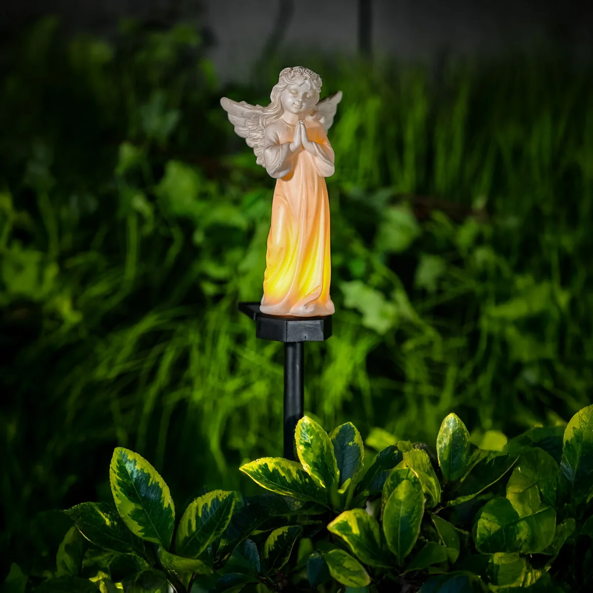 Decor solar inger rugaciune LED alb cald, 49 cm, rasina, lumina gradina exterior