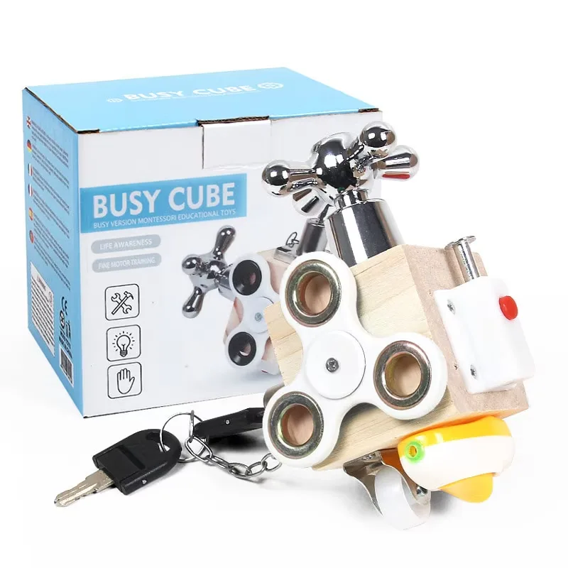 Cub de activitati educative din lemn Macvi, jucarie interactiva, dezvoltare senzoriala si motorie, 100% sigura, 1 an