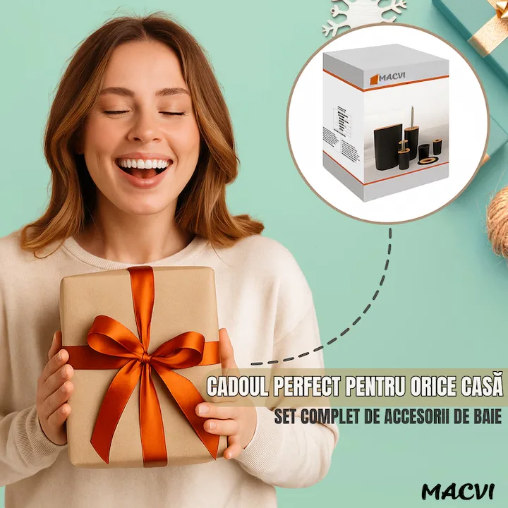 Set Baie Macvi® 6 Piese Negru Mat cu Accente de Lemn, Cos Gunoi, Perie WC, Dozator Sapun, Suport Periute, Pahar si Sapuniera - imagine 4