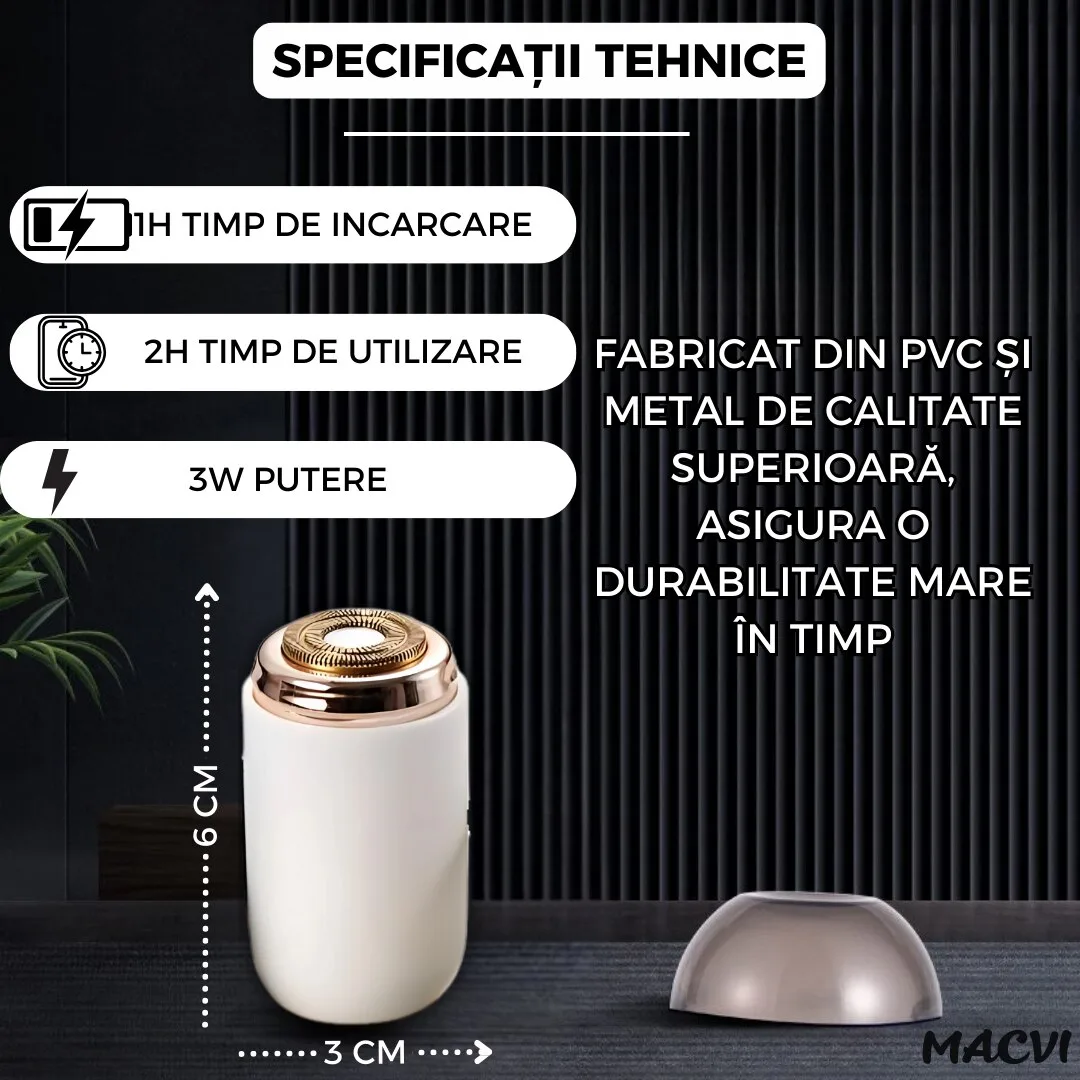 Mini aparat de ras portabil Macvi®, Depilare rapida si eficienta, incarcare USB, autonomie 60 minute, Alb - imagine 2