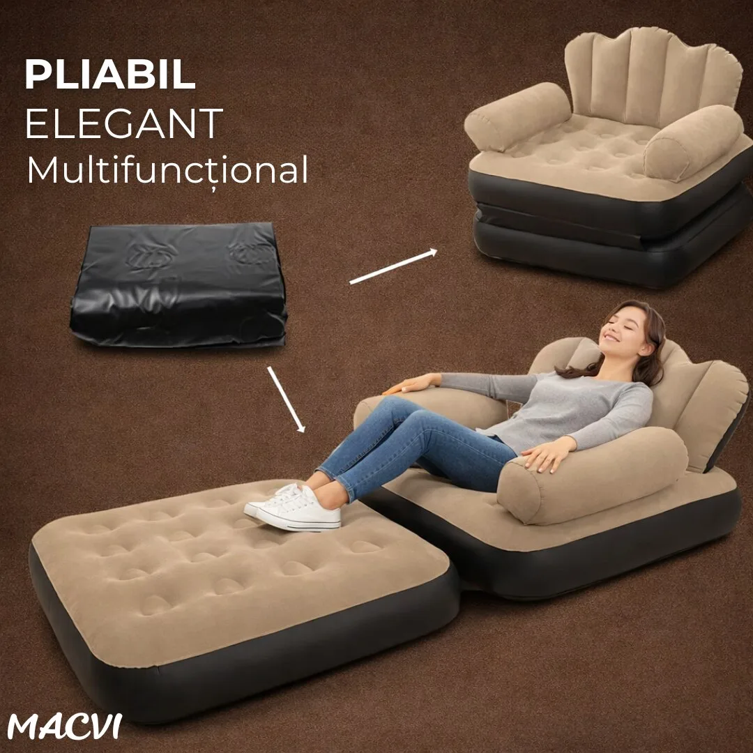 Fotoliu Gonflabil Macvi® XL 2 in 1 Portabil Pentru Interior, Exterior, Camping sau Plaja, Design Ergonomic, 100x88x90 cm, Maro - imagine 4