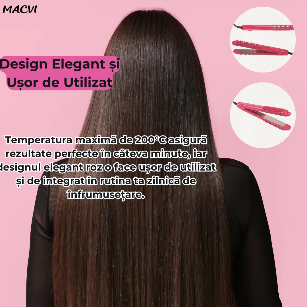 Placa pentru Indreptat Parul Macvi® cu Placi Ceramice, 4 Trepte de Temperatura, Roz, Alimentare la Retea - imagine 2