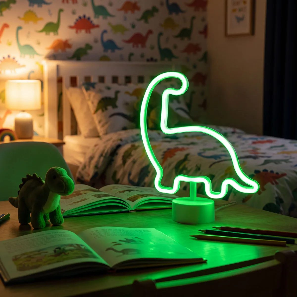 Lampa decorativa LED neon Dinozaur, 120 LED-uri, verde, USB sau 3 x AA, 2W