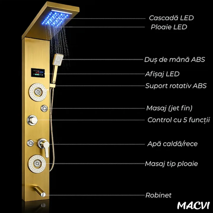 Panou dus Macvi® hidromasaj 5 functii LED digital inox auriu satin 120 cm, afisaj temperatura anticalcar dus tip ploaie cascada, para mobila, jeturi masaj baie, premium - imagine 2