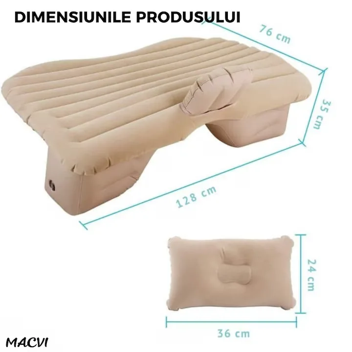 Saltea Gonflabila Auto Macvi® cu Perne si Suport de Echilibru, Ideala pentru Bancheta din Spate, Camping, Calatorii si Relaxare, Bej - imagine 5