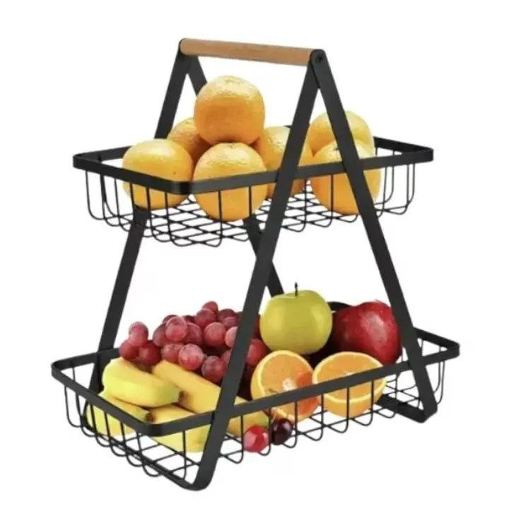 Cos de fructe decorativ Macvi®, 2 etaje, metal negru cu maner din lemn, stabil si elegant, ideal pentru depozitarea fructelor si legumelor