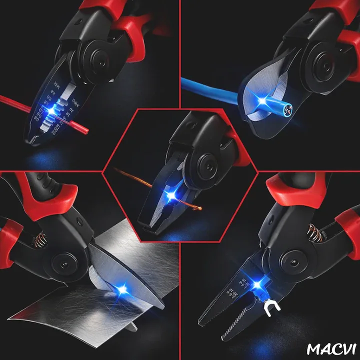 Set 5 in 1 patent multifunctional Macvi®, din otel, taietor cablu, dezizolator, cleste, sertizare, taietor, foarfeca, cu husa de depozitare, maner anticurentare si design ergonomic - imagine 5