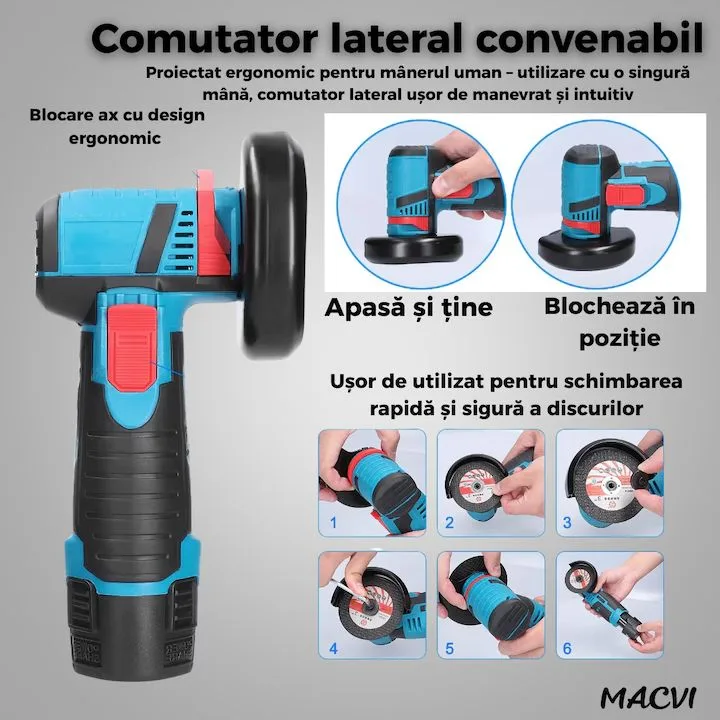 Polizor unghiular fara fir Macvi® 12V, 2 Acumulatori Li-Ion, Discuri pentru Metal, Incarcator Inclus, Mini Flex Portabil - imagine 5